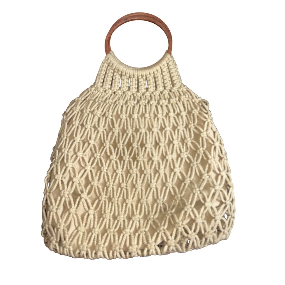 Vintage Macrame Boho Handbag Cream Beige Floral Lined Round Wood Handle Tote